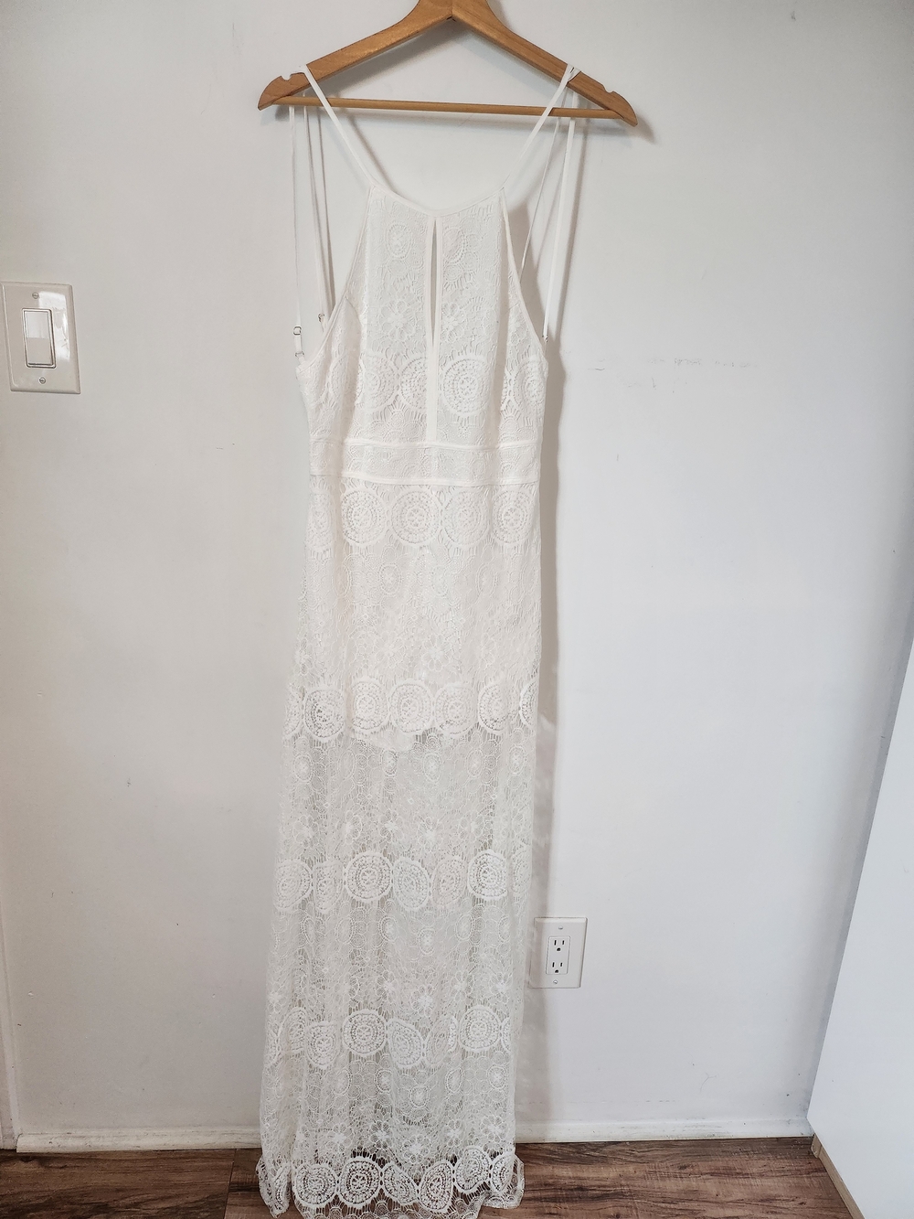 Mustard Seed White Lace Maxi Dress with Sheer Skirt Panels